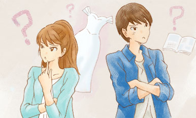 結婚式について悩む男女のイラスト